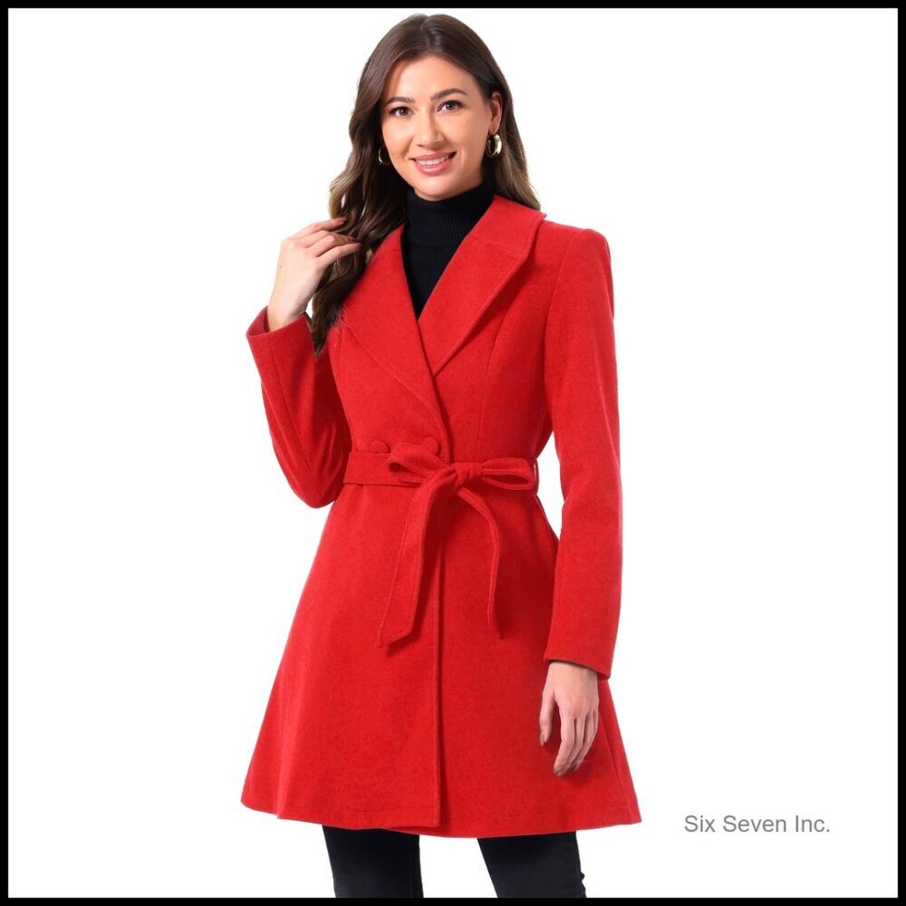 Classic Elegant Pea Coat Shawl Lapel Single Breasted Belted Long Trench Overcoat